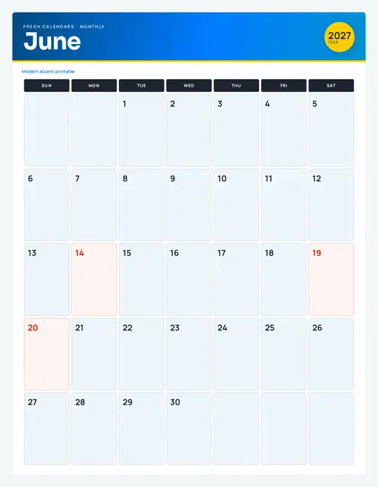 Printable June 2027 calendar — Fresh Calendars — Modern Color template