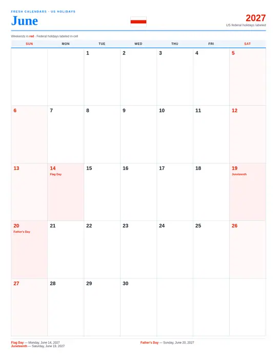Printable June 2027 calendar — Fresh Calendars — US Holidays Marked template