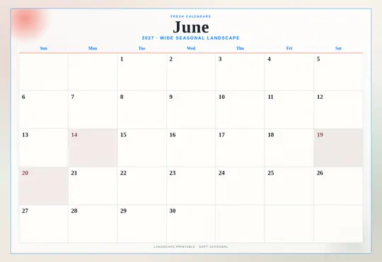 Printable June 2027 calendar — Fresh Calendars — Landscape Soft template