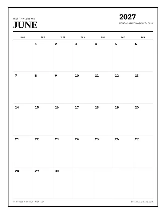 Printable June 2027 calendar — Fresh Calendars — Monday Start template