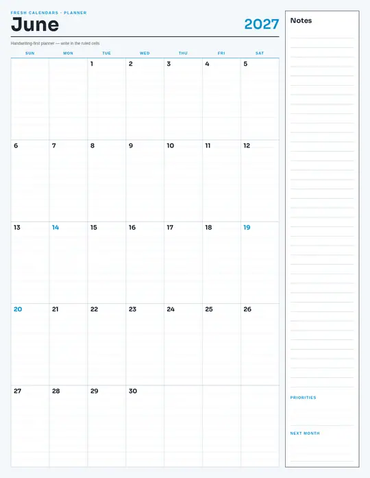 Printable June 2027 calendar — Fresh Calendars — Notes Planner template