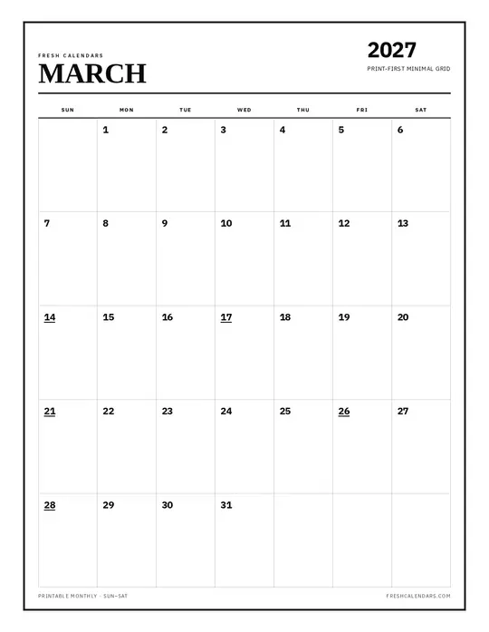 Printable March 2027 calendar — Fresh Calendars — Classic Black & White template Printable March 2027 calendar — Fresh Calendars — Classic Black & White template