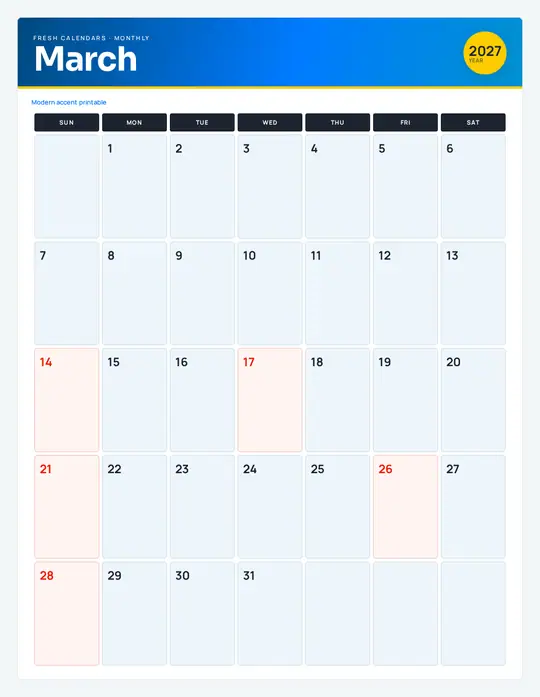 Printable March 2027 calendar — Fresh Calendars — Modern Color template Printable March 2027 calendar — Fresh Calendars — Modern Color template