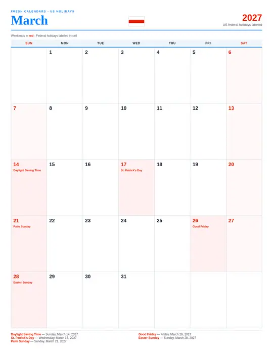 Printable March 2027 calendar — Fresh Calendars — US Holidays Marked template Printable March 2027 calendar — Fresh Calendars — US Holidays Marked template