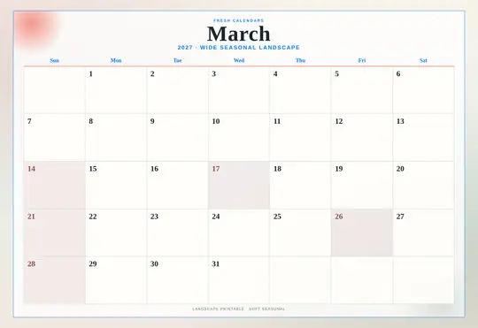 Printable March 2027 calendar — Fresh Calendars — Landscape Soft template Printable March 2027 calendar — Fresh Calendars — Landscape Soft template