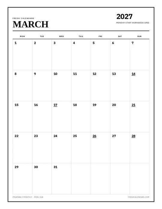 Printable March 2027 calendar — Fresh Calendars — Monday Start template Printable March 2027 calendar — Fresh Calendars — Monday Start template