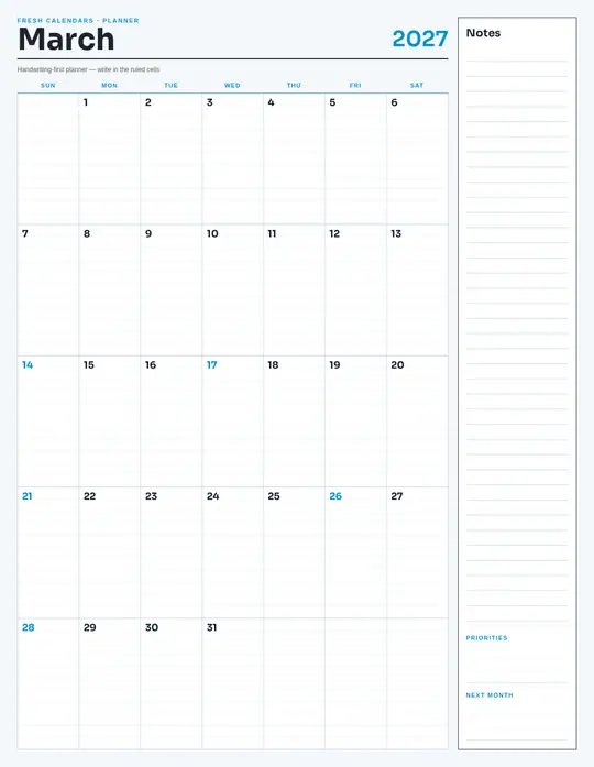 Printable March 2027 calendar — Fresh Calendars — Notes Planner template Printable March 2027 calendar — Fresh Calendars — Notes Planner template