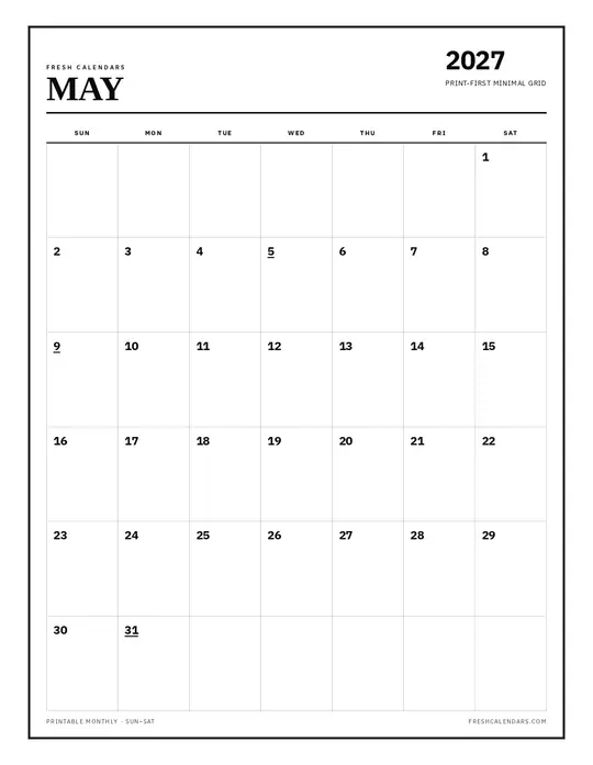 Printable May 2027 calendar — Fresh Calendars — Classic Black & White template