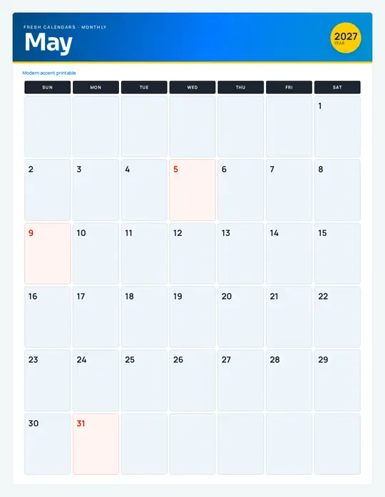 Printable May 2027 calendar — Fresh Calendars — Modern Color template