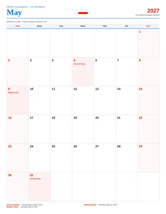 Printable May 2027 calendar — Fresh Calendars — US Holidays Marked template