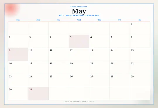 Printable May 2027 calendar — Fresh Calendars — Landscape Soft template