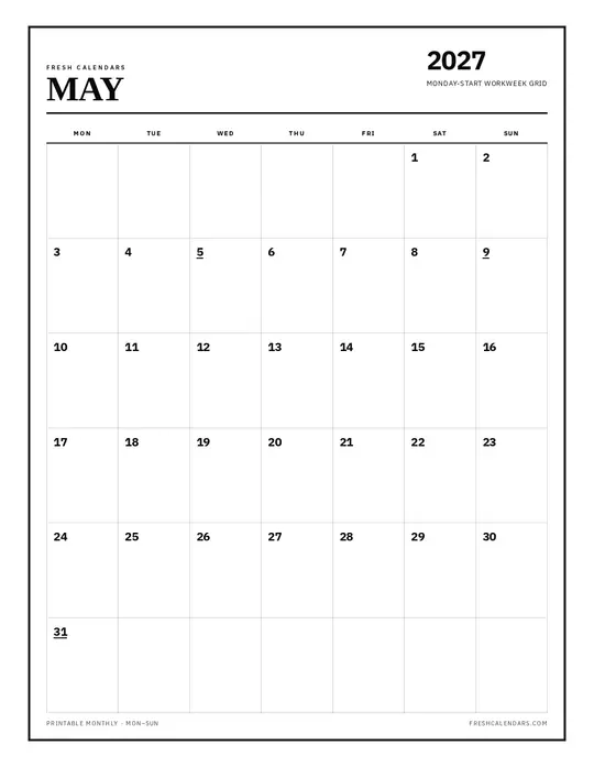 Printable May 2027 calendar — Fresh Calendars — Monday Start template