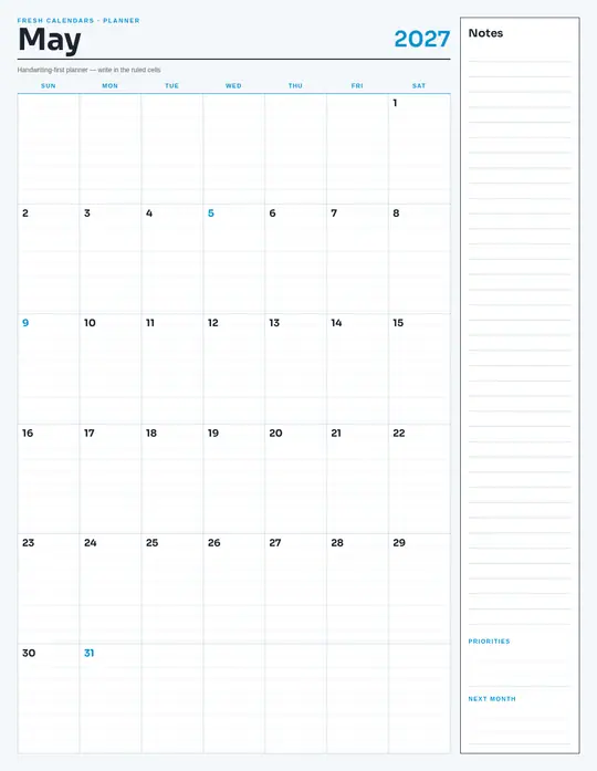 Printable May 2027 calendar — Fresh Calendars — Notes Planner template