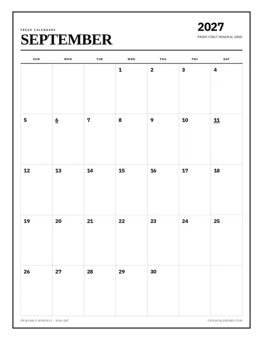 Printable September 2027 calendar — Fresh Calendars — Classic Black & White template Printable September 2027 calendar — Fresh Calendars — Classic Black & White template