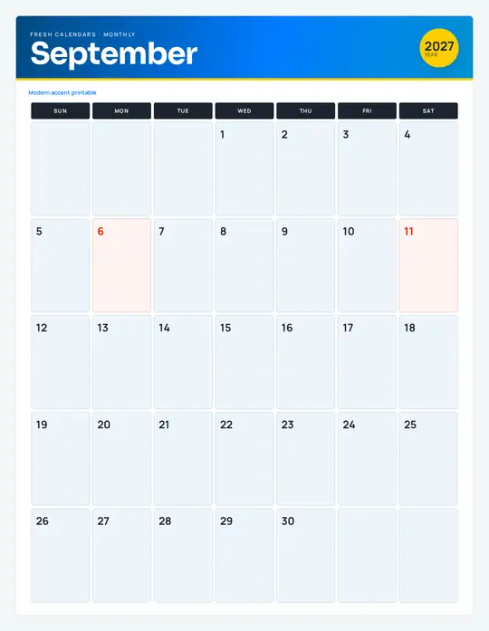 Printable September 2027 calendar — Fresh Calendars — Modern Color template Printable September 2027 calendar — Fresh Calendars — Modern Color template