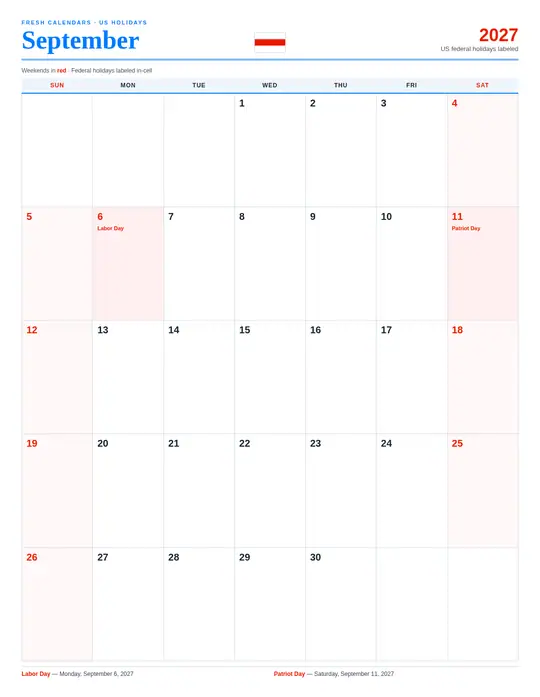 Printable September 2027 calendar — Fresh Calendars — US Holidays Marked template Printable September 2027 calendar — Fresh Calendars — US Holidays Marked template