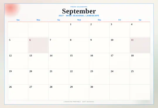 Printable September 2027 calendar — Fresh Calendars — Landscape Soft template Printable September 2027 calendar — Fresh Calendars — Landscape Soft template