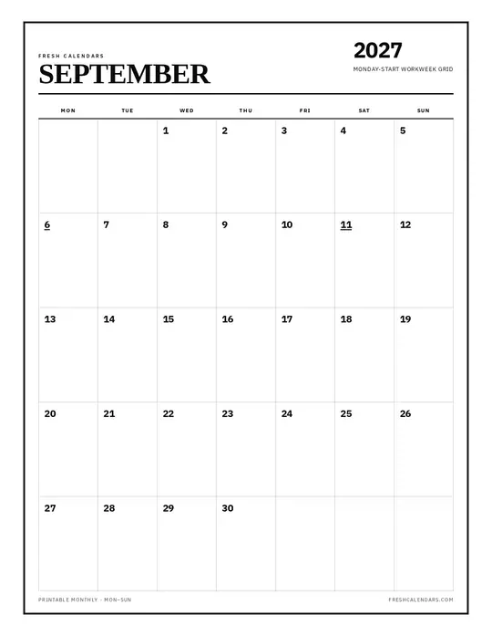 Printable September 2027 calendar — Fresh Calendars — Monday Start template Printable September 2027 calendar — Fresh Calendars — Monday Start template
