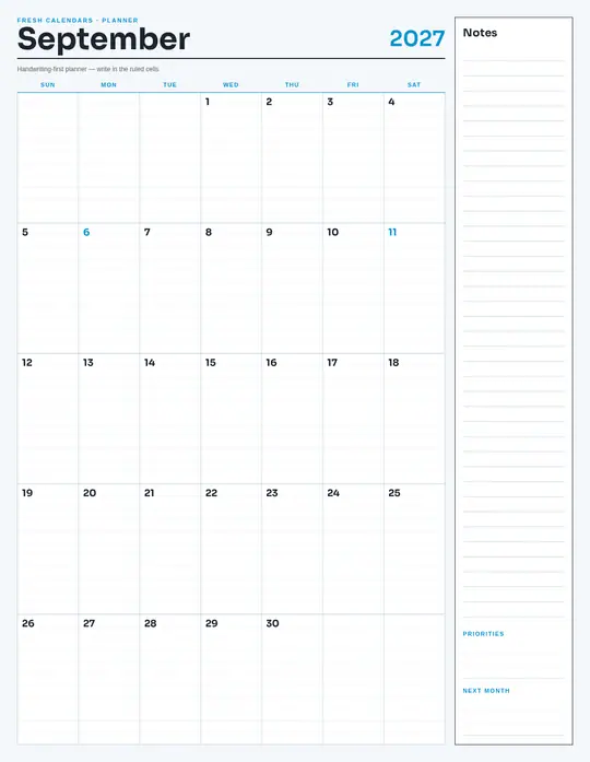 Printable September 2027 calendar — Fresh Calendars — Notes Planner template Printable September 2027 calendar — Fresh Calendars — Notes Planner template