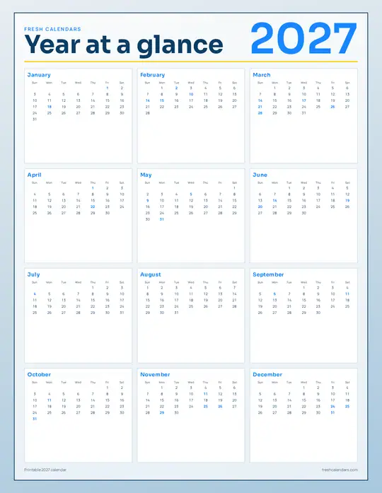 Printable 2027 yearly calendar preview
