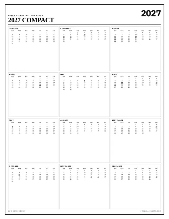 Printable 2027 year-at-a-glance calendar poster — Fresh Calendars — Ink Compact template Printable 2027 year-at-a-glance calendar poster — Fresh Calendars — Ink Compact template