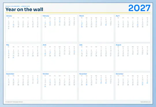 Printable 2027 year-at-a-glance calendar poster — Fresh Calendars — Landscape Wall template Printable 2027 year-at-a-glance calendar poster — Fresh Calendars — Landscape Wall template