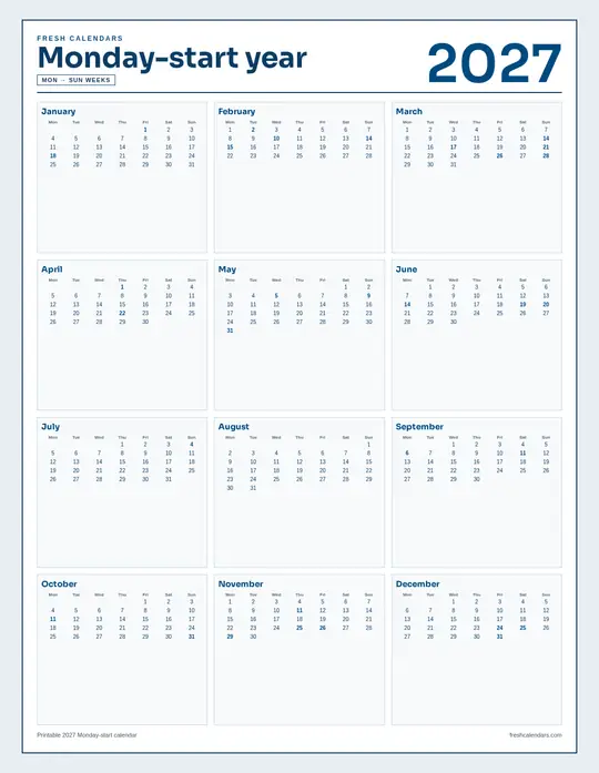 Printable 2027 year-at-a-glance calendar poster — Fresh Calendars — Monday Start template Printable 2027 year-at-a-glance calendar poster — Fresh Calendars — Monday Start template