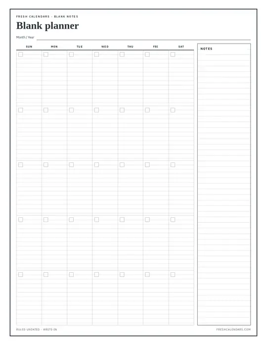 Printable blank undated monthly calendar template — Fresh Calendars — Notes Blank template