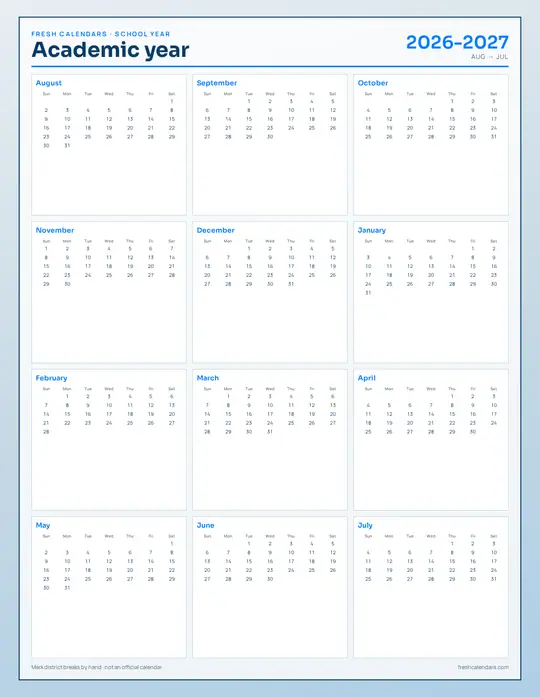 School-Year Calendar Hub · Aug–Jul Printables | Fresh Calendars School-Year Calendar Hub · Aug–Jul Printables | Fresh Calendars