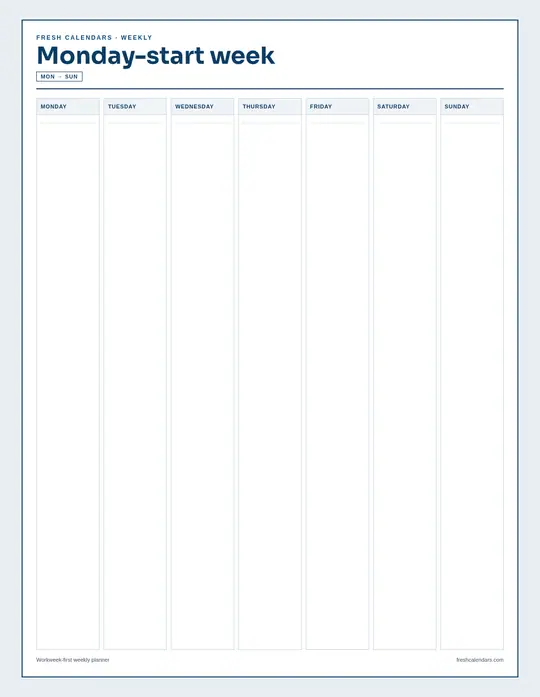 Weekly Calendar Printables · 5 Planner Packs | Fresh Calendars — Monday Start Week template