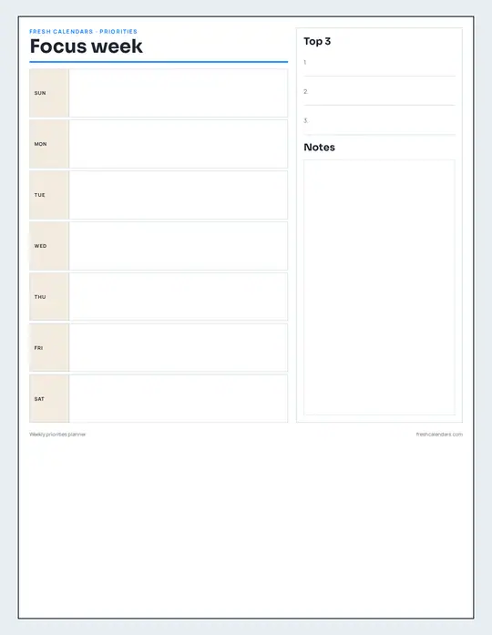 Weekly Calendar Printables · 5 Planner Packs | Fresh Calendars — Priorities Planner template