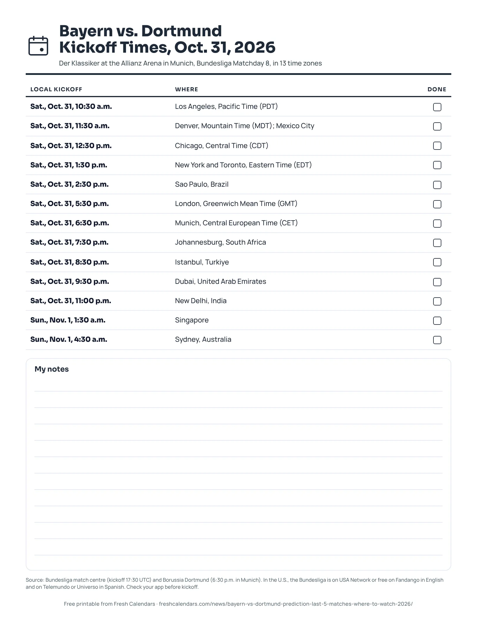 Printable Bayern vs. Dortmund kickoff times sheet for Oct. 31, 2026, listing local kickoff times in 15 cities, ink-saver version