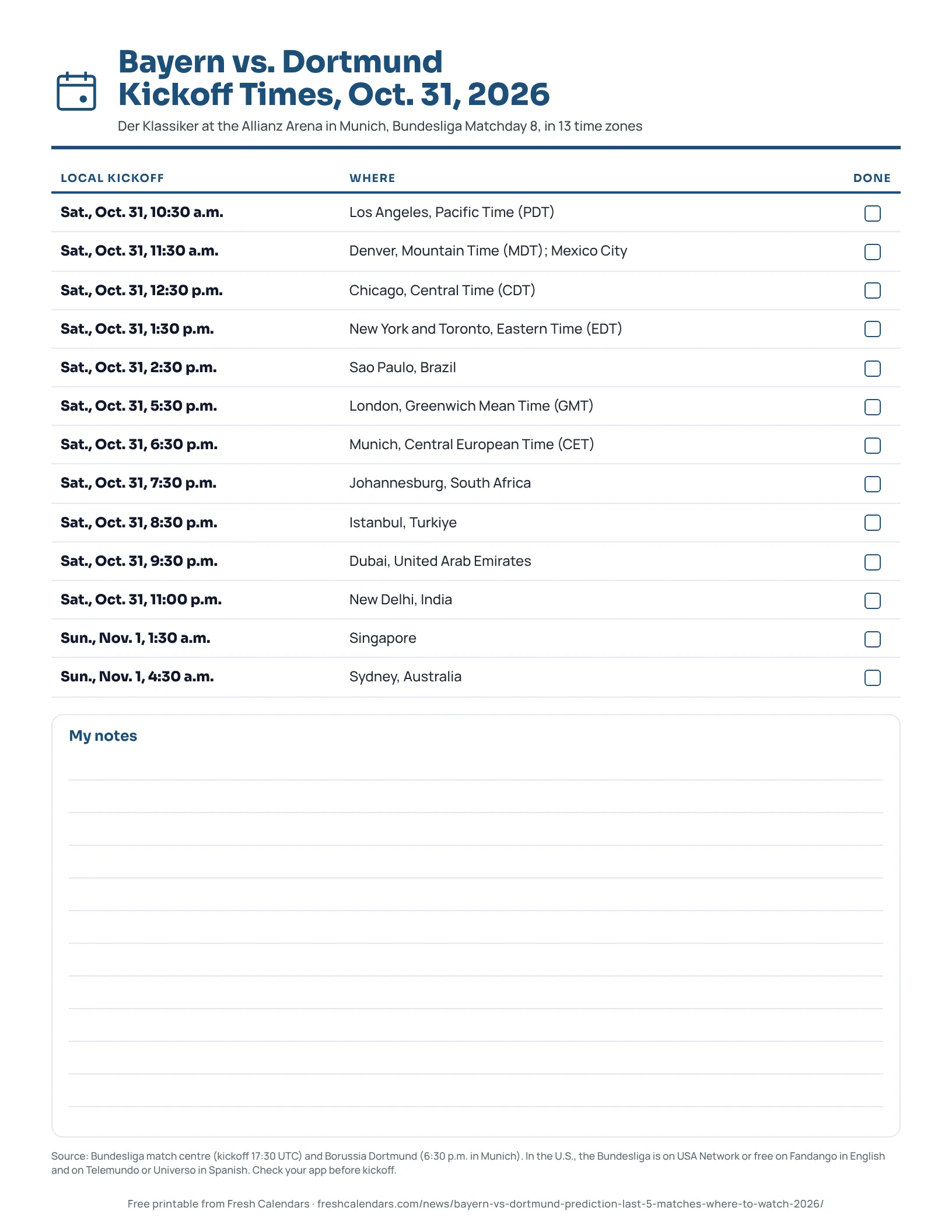 Printable Bayern vs. Dortmund kickoff times sheet for Oct. 31, 2026, listing local kickoff times in 15 cities
