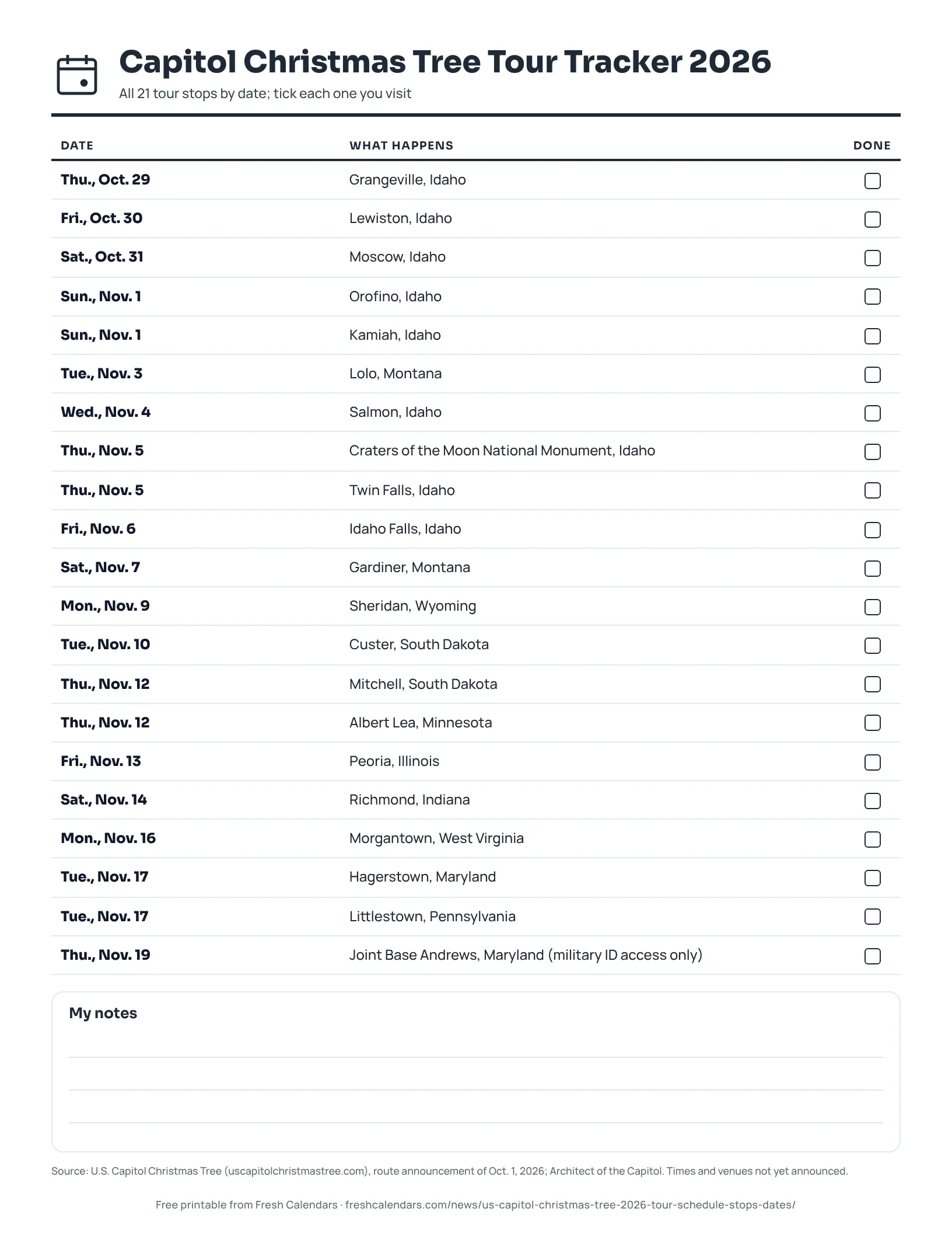 Printable Capitol Christmas Tree 2026 tour tracker listing 21 stops from Grangeville, Idaho, to Joint Base Andrews, Maryland, ink-saver version