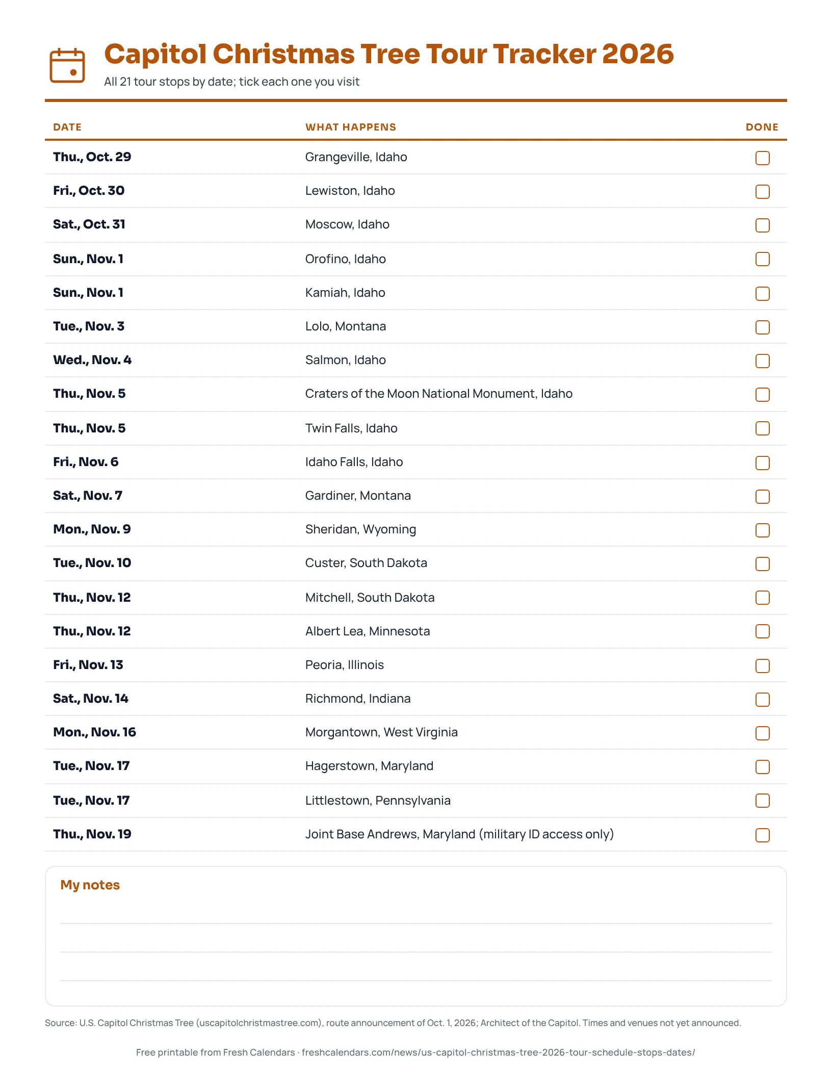 Printable Capitol Christmas Tree 2026 tour tracker listing 21 stops from Grangeville, Idaho, to Joint Base Andrews, Maryland