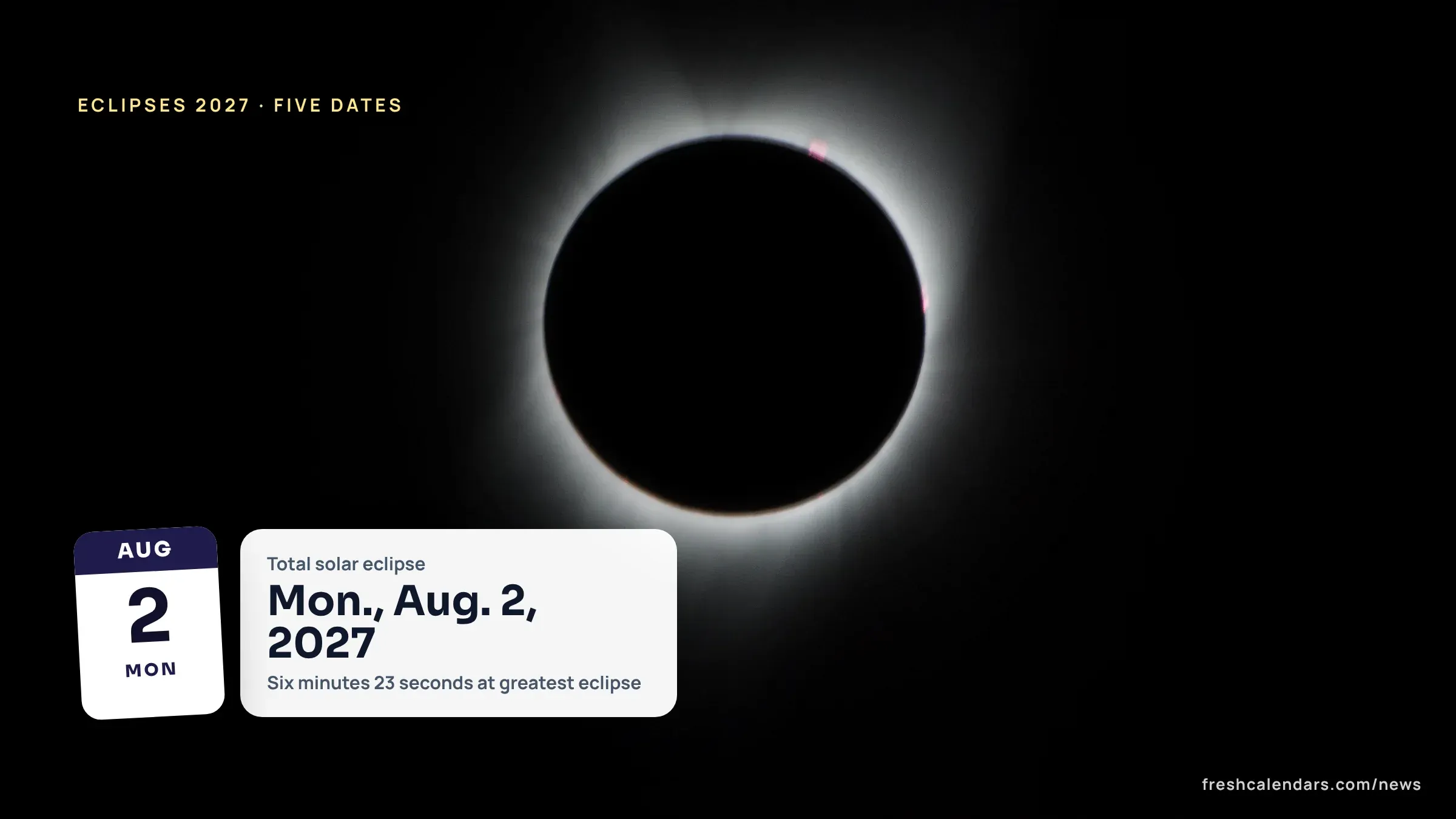 Eclipses 2027: the white corona of the Sun glowing around the dark Moon during a past total solar eclipse