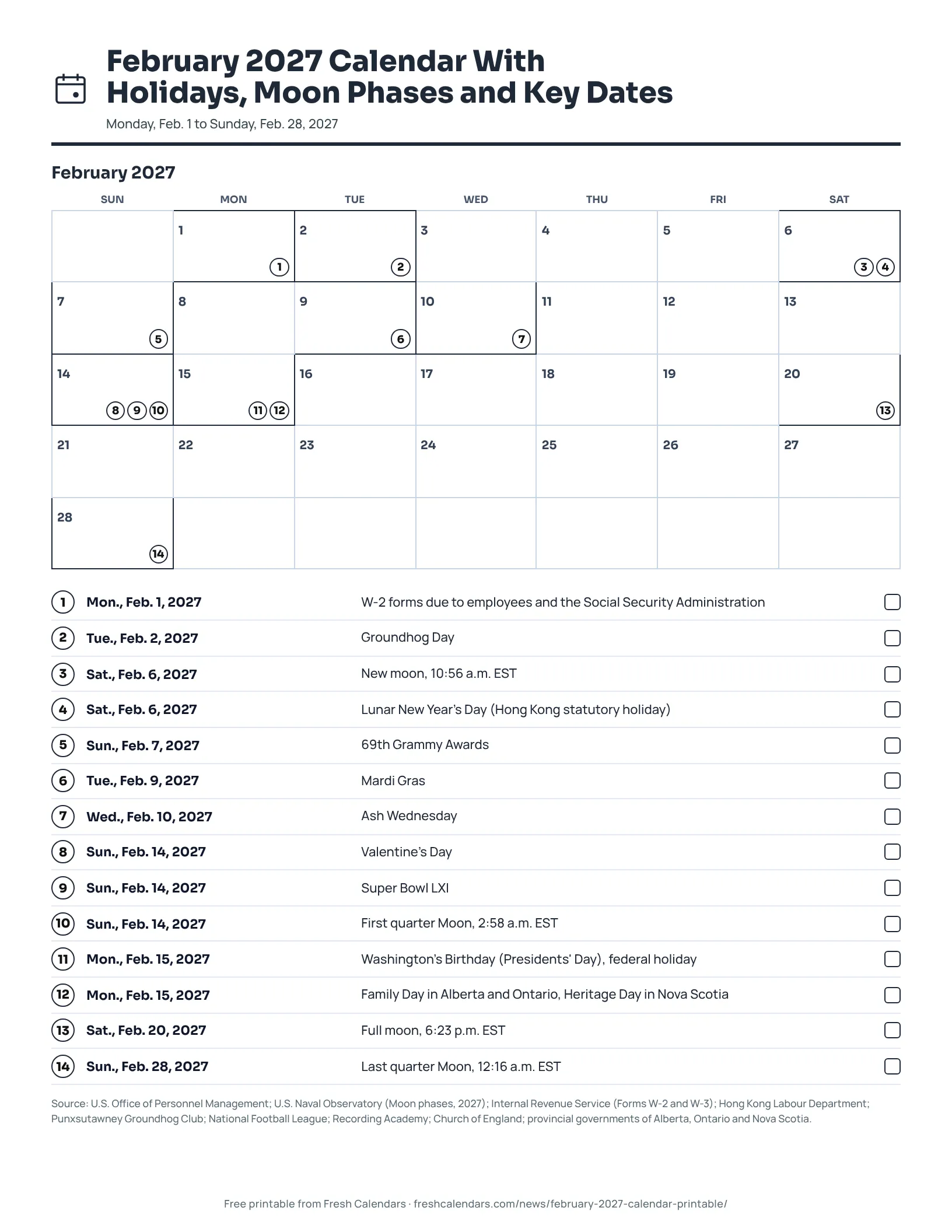 February 2027 printable calendar grid with 14 numbered dates, Moon phases and Presidents' Day on Monday, Feb. 15, ink-saver version