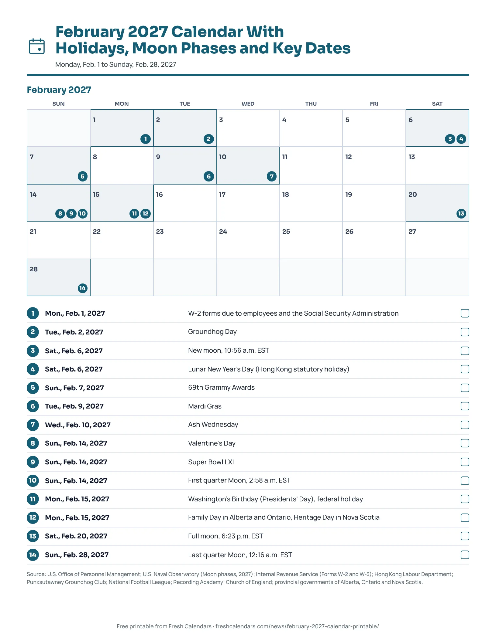 February 2027 printable calendar grid with 14 numbered dates, Moon phases and Presidents' Day on Monday, Feb. 15