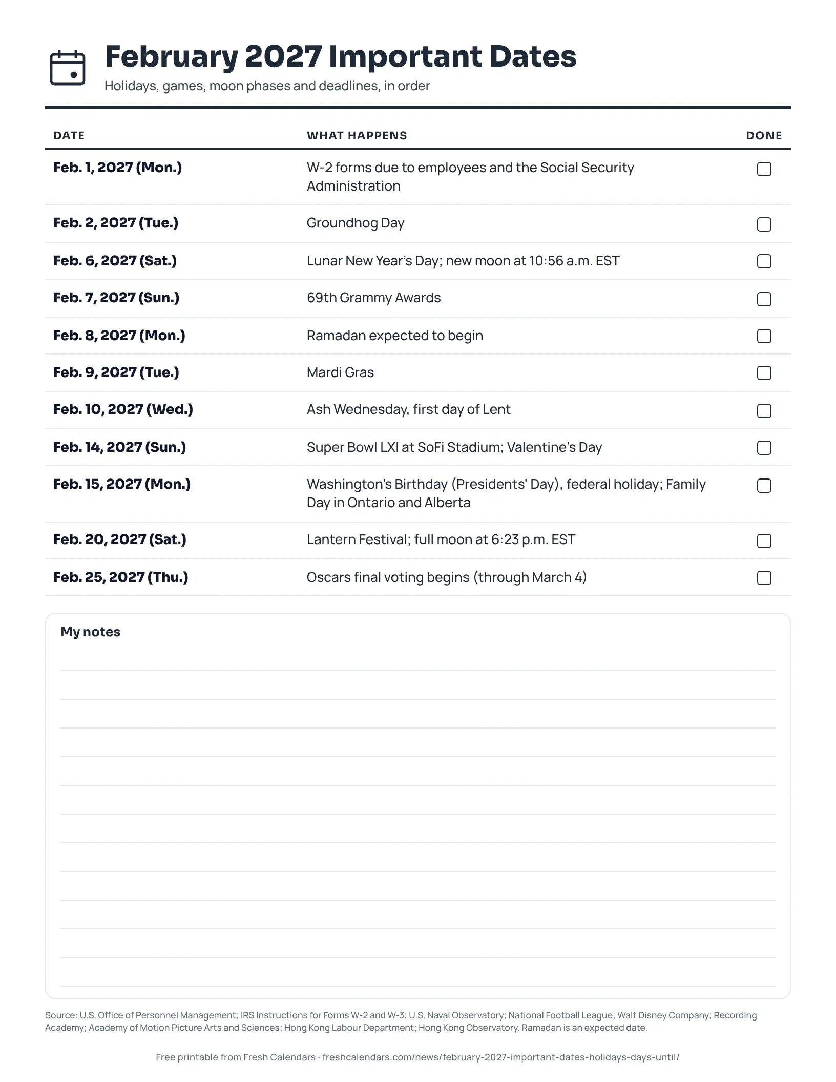 February 2027 important dates list printable with the W-2 deadline, Super Bowl LXI, Valentine's Day, Presidents' Day and moon phases, ink-saver version