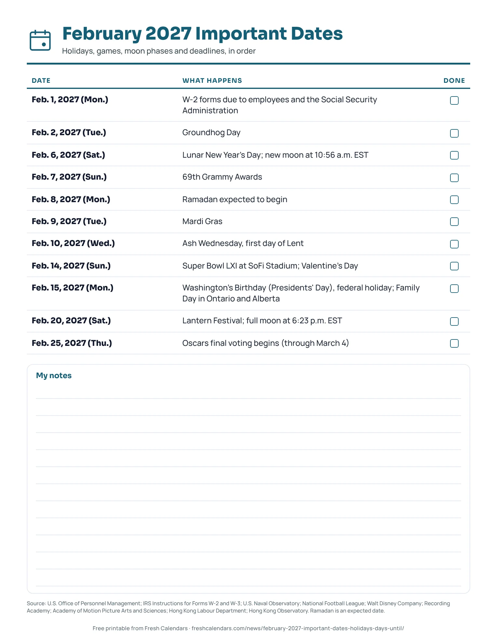February 2027 important dates list printable with the W-2 deadline, Super Bowl LXI, Valentine's Day, Presidents' Day and moon phases