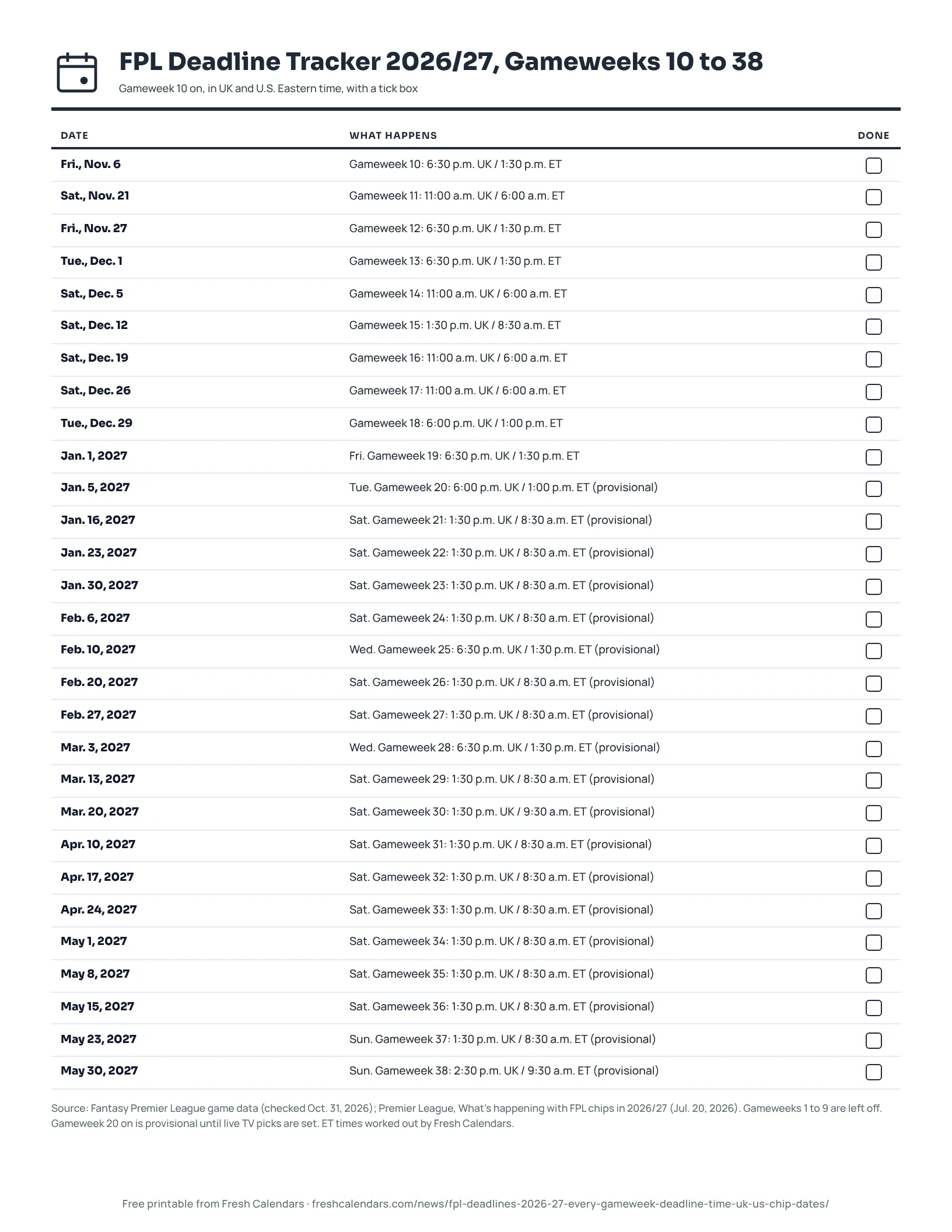 Printable Fantasy Premier League deadline tracker for 2026/27 listing gameweek deadlines 10 to 38 in UK and Eastern time, ink-saver version