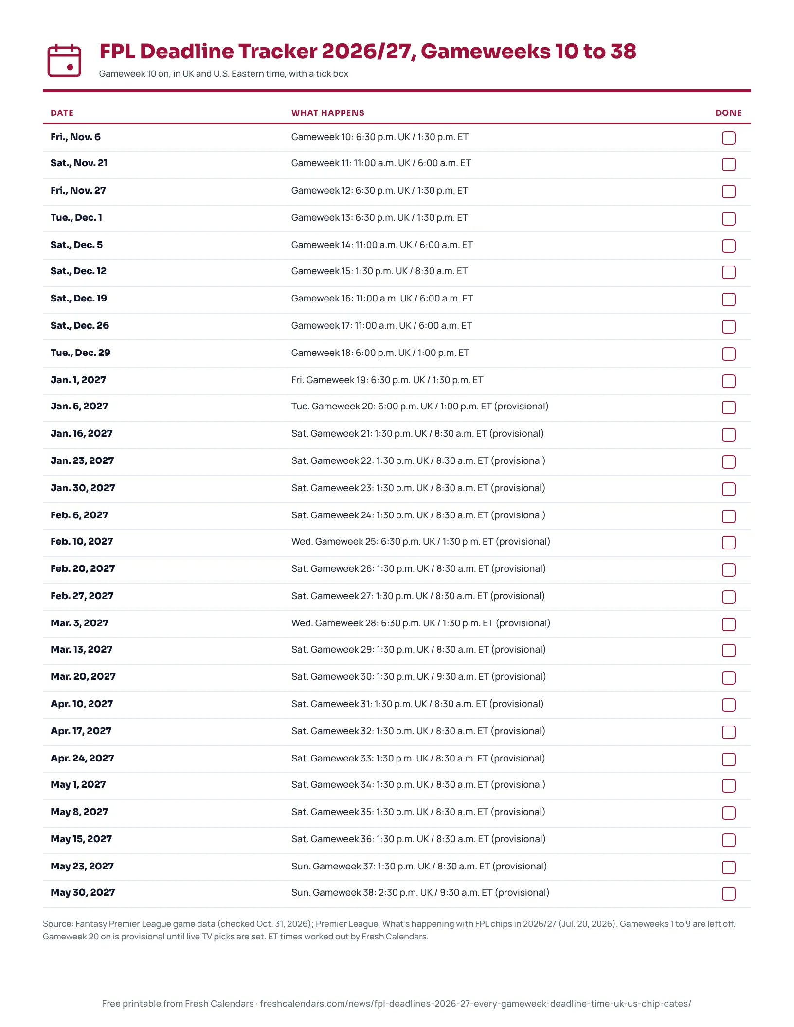 Printable Fantasy Premier League deadline tracker for 2026/27 listing gameweek deadlines 10 to 38 in UK and Eastern time