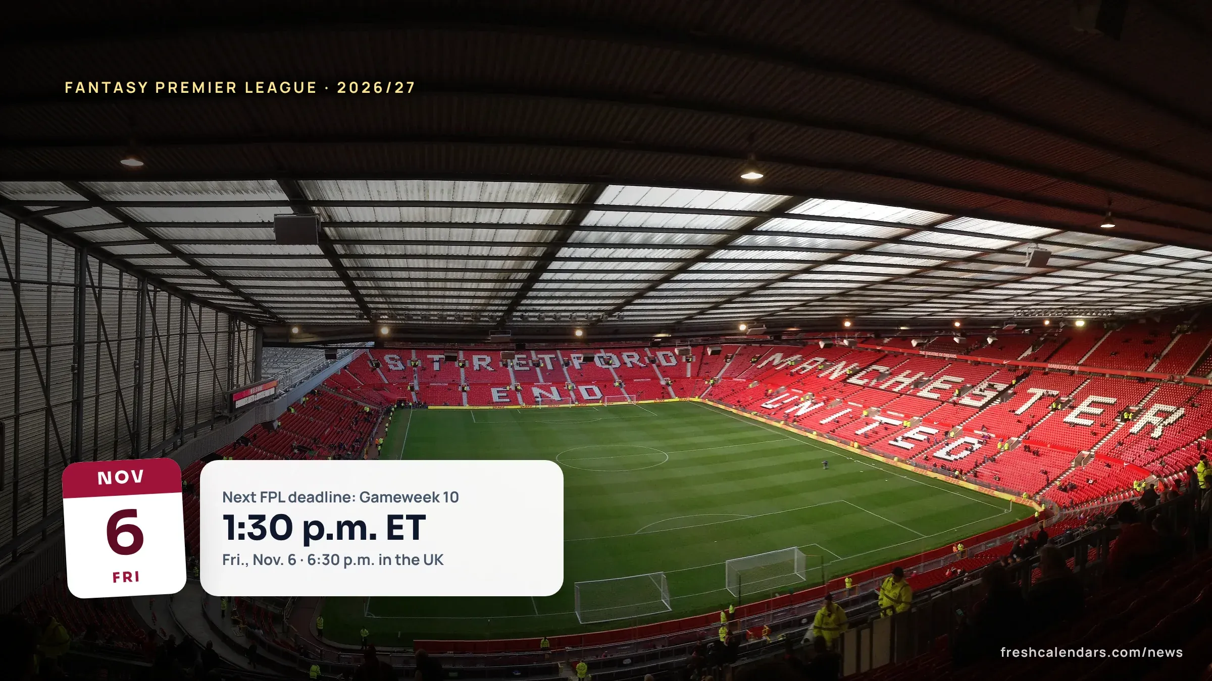 Old Trafford stands and pitch, file photo for FPL deadlines 2026/27 by gameweek