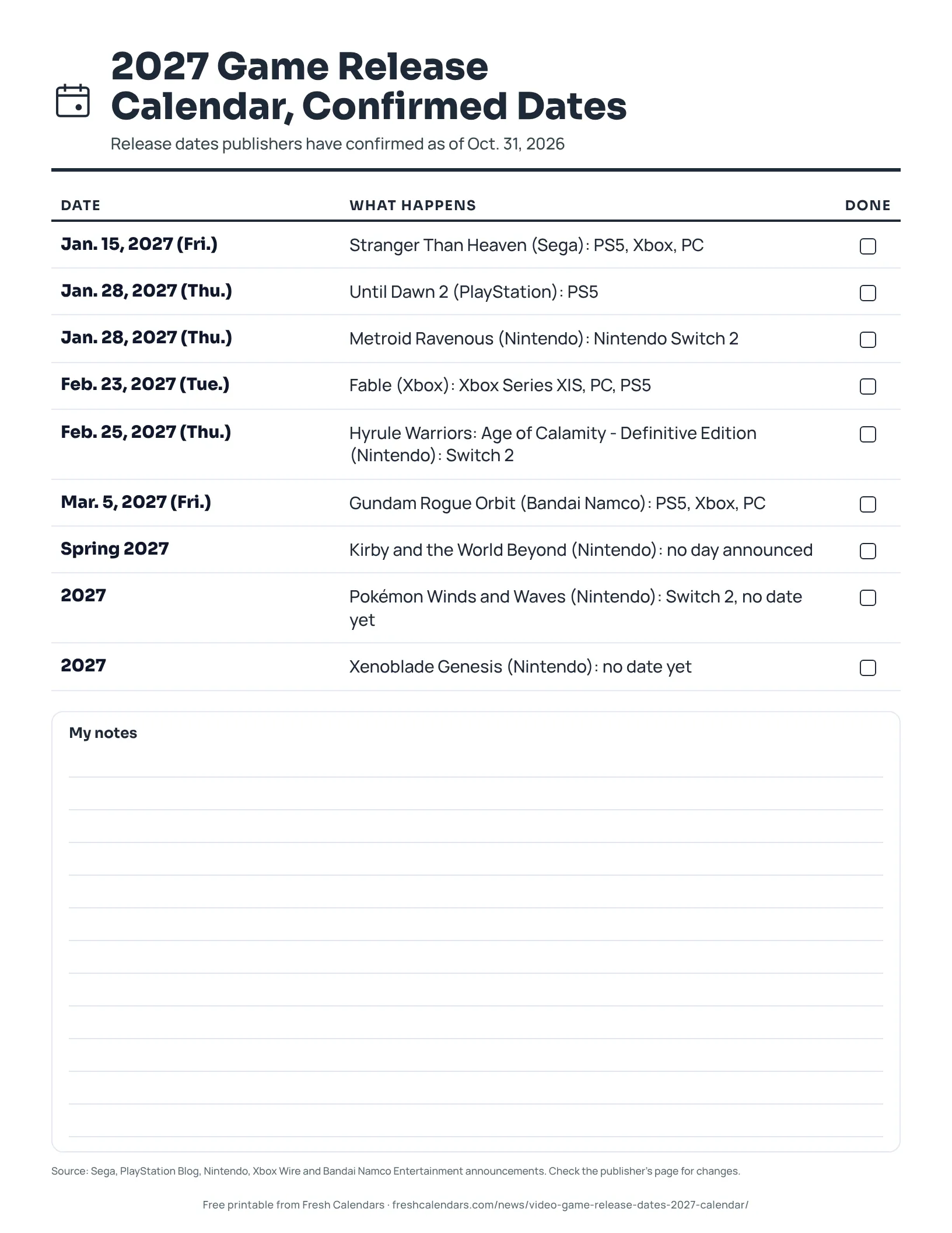 A printable list of 2027 video game release dates with weekdays and platforms, ink-saver version