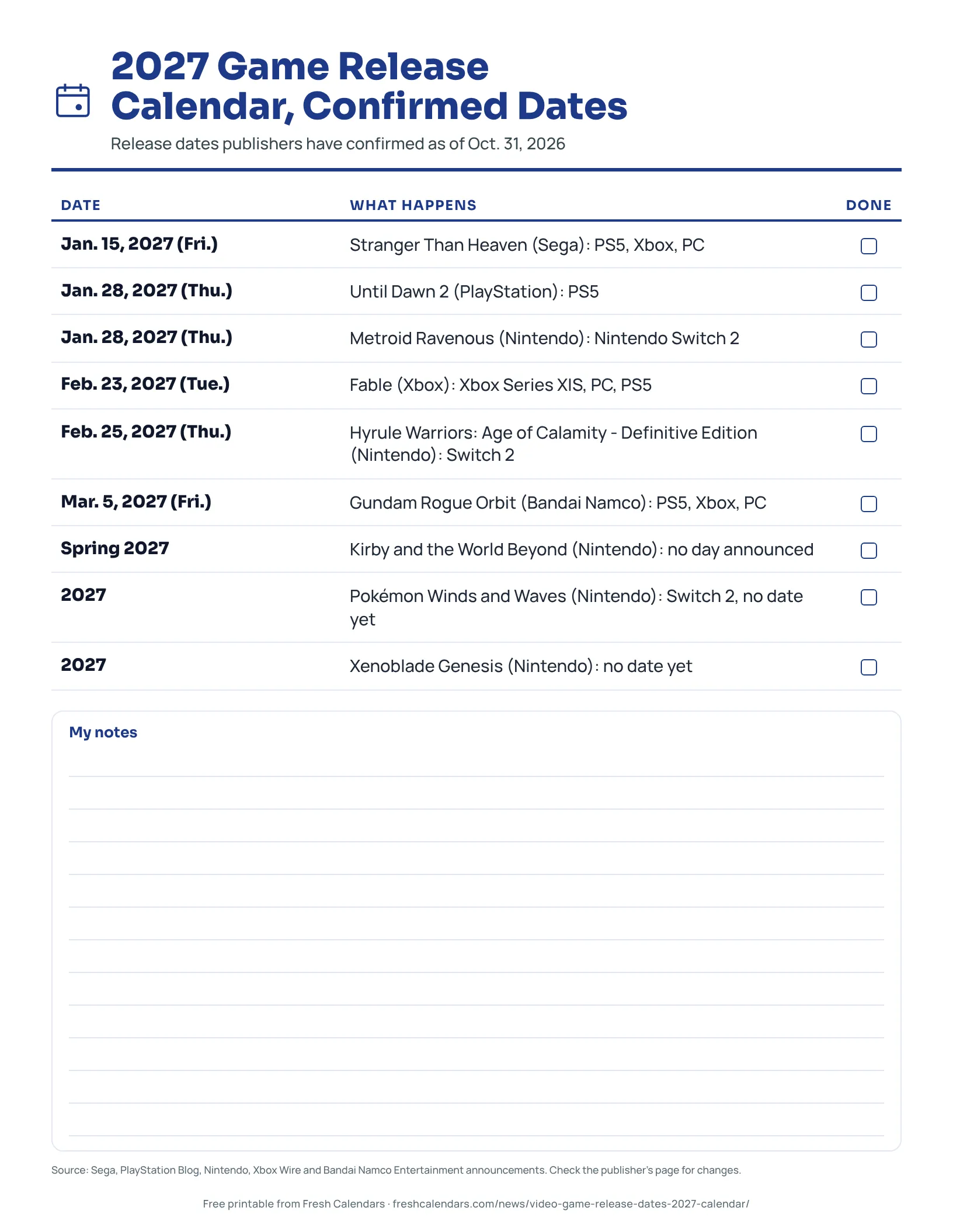 A printable list of 2027 video game release dates with weekdays and platforms