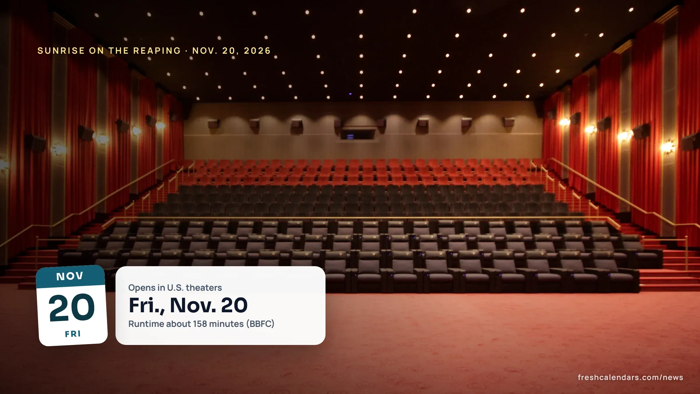 Empty cinema auditorium with red seats facing the screen, for the Sunrise on the Reaping release date