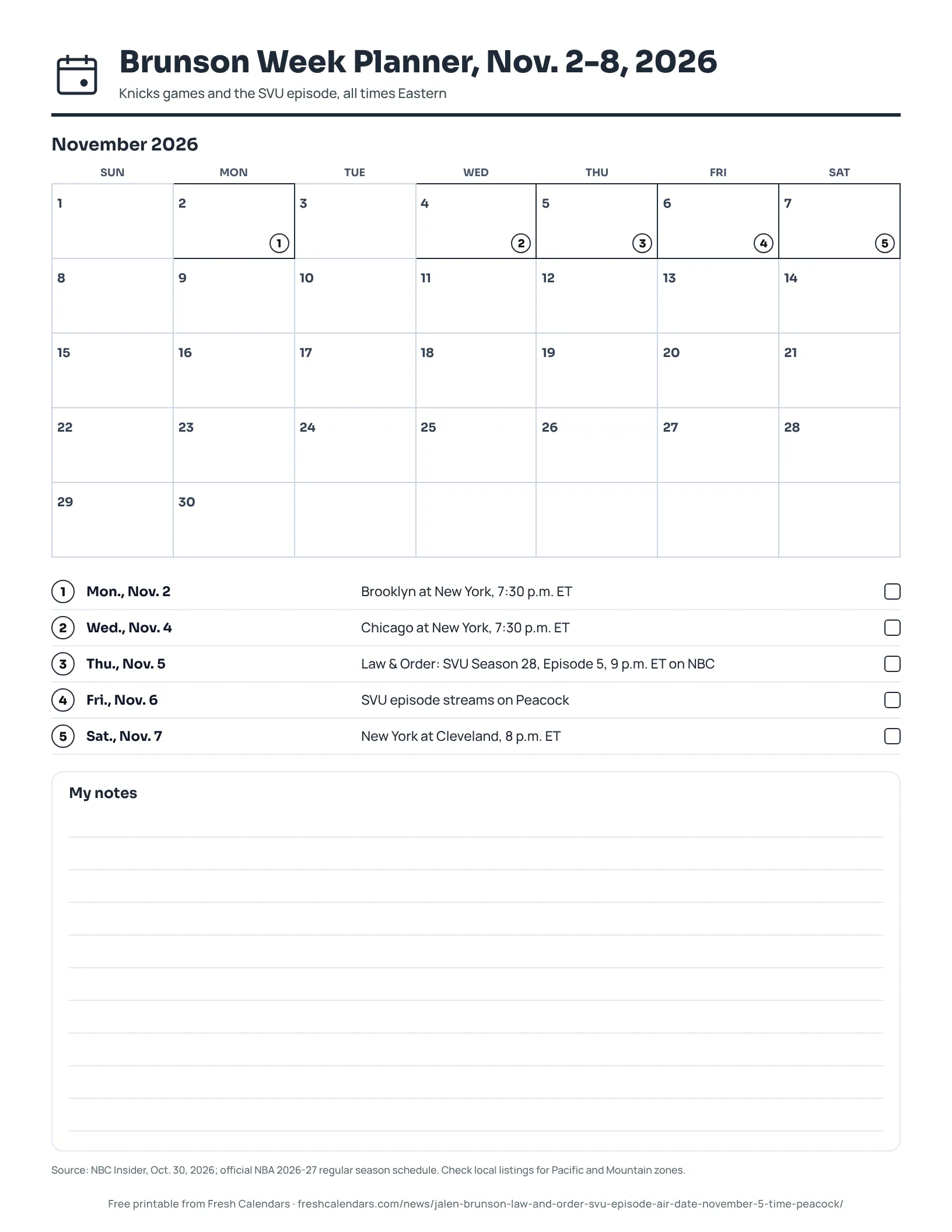 Printable Brunson week planner for Nov. 2-8, 2026 listing three Knicks games, the SVU episode on NBC and the Peacock day, ink-saver version