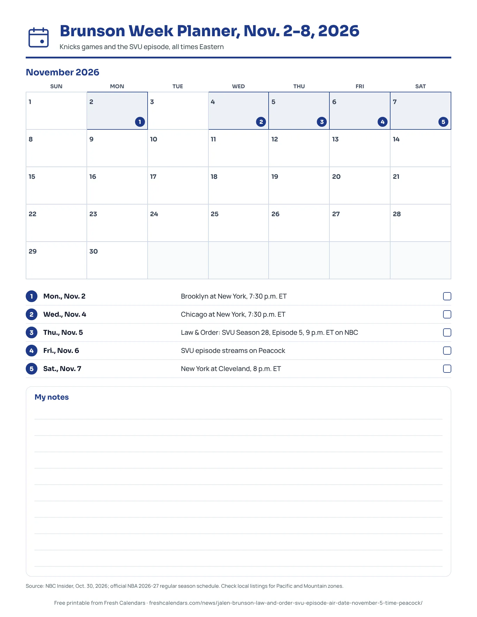 Printable Brunson week planner for Nov. 2-8, 2026 listing three Knicks games, the SVU episode on NBC and the Peacock day