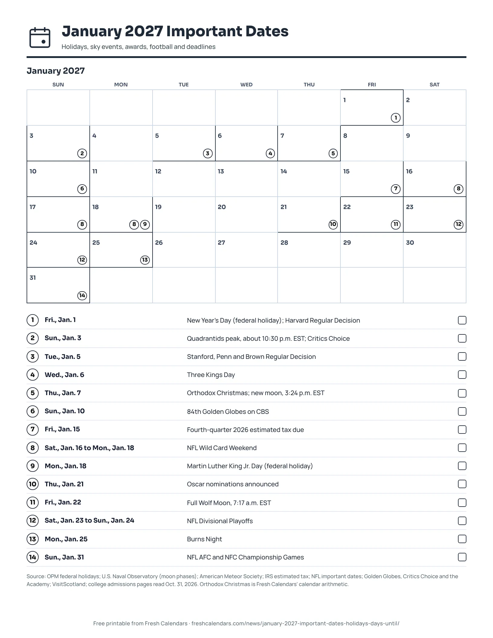 January 2027 important dates printable calendar with federal holidays, moon phases, awards, NFL playoff rounds and deadlines marked, ink-saver version