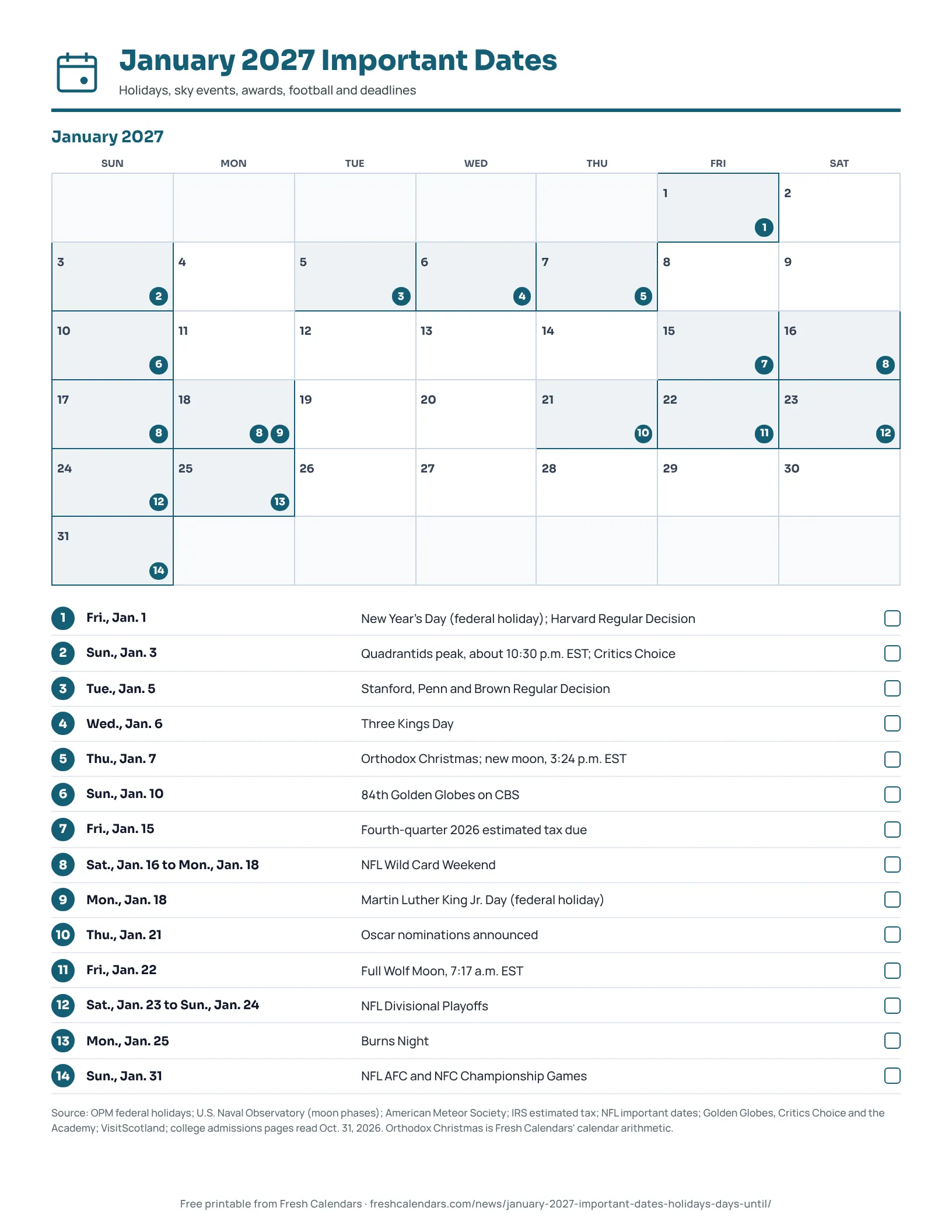 January 2027 important dates printable calendar with federal holidays, moon phases, awards, NFL playoff rounds and deadlines marked